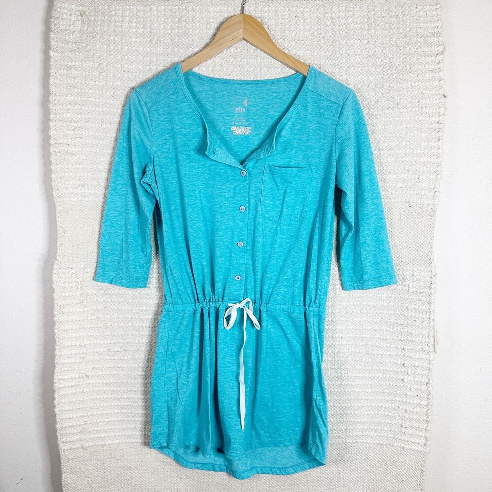 STIO teal blue button up drawstring Divide swimsuit coverup dress S